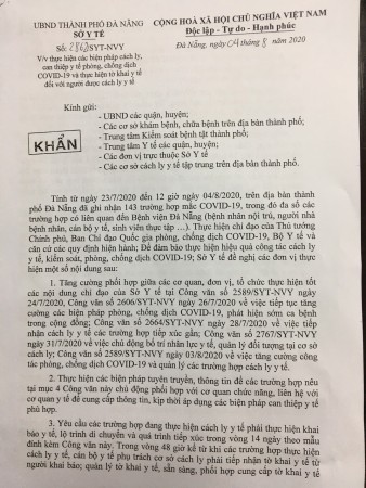 Công văn Khẩn về việc: thực hiện các biện pháp cách ly, can thiệp y tế phòng chống dịch Covid-19 và thực hiện tờ khai y tế đối với người được cách ly y tế.