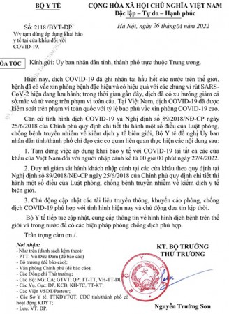 Tạm dừng khai báo y tế với COVID-19 tại các cửa khẩu từ 0 giờ ngày 27/4