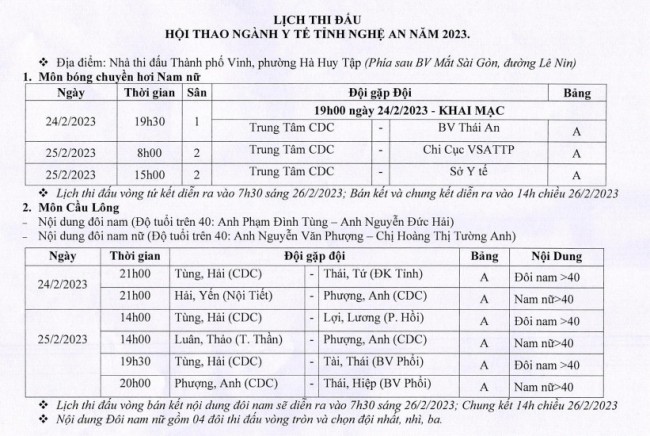 Thông báo: Lịch thi đấu cầu lông – Bóng chuyền hơi nam nữ đòàn thể thao Trung tâm Kiểm soát bệnh tật tỉnh